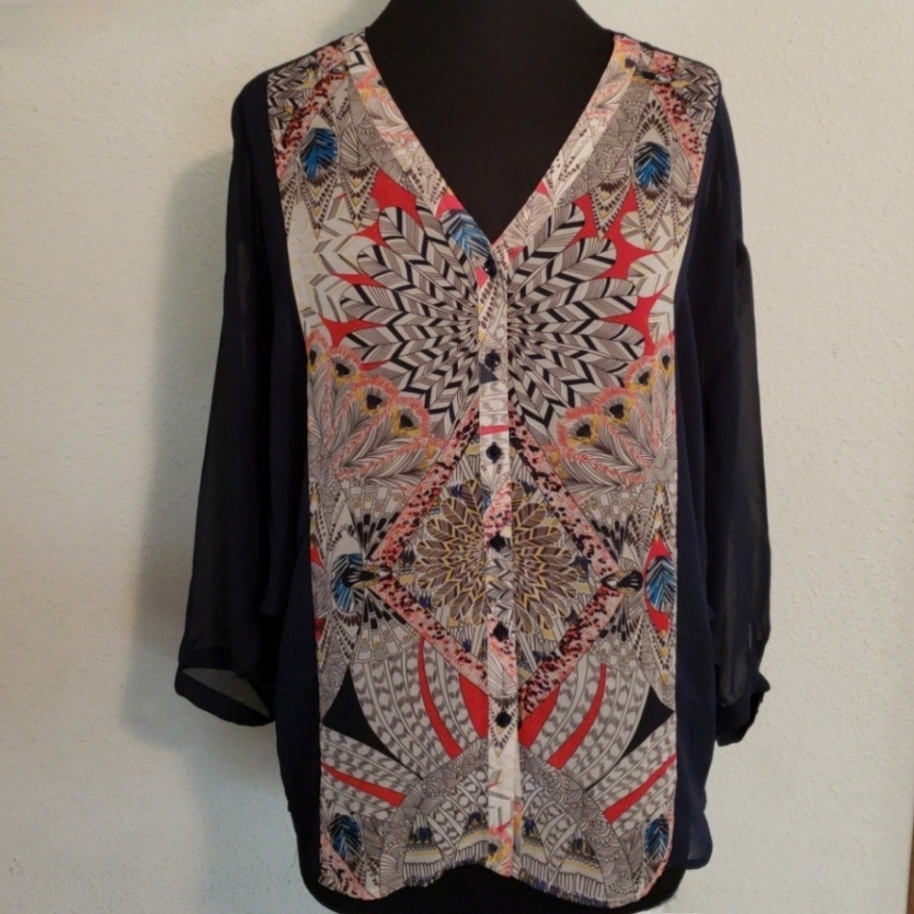 Buffalo Sheer Navy/Multicolor Geometric Blouse